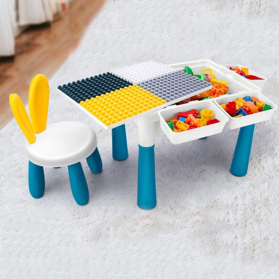 Masa tip lego pentru copii + 1 scaunel + 186 cuburi si 4 cutii depozitare, masa lego ajustabila, masuta activitati