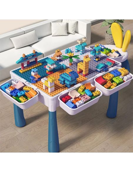 Set 2 mese tip lego pentru copii + 1 scaunel + 186 cuburi si 4 cutii depozitare, masa lego ajustabila, masuta activitati