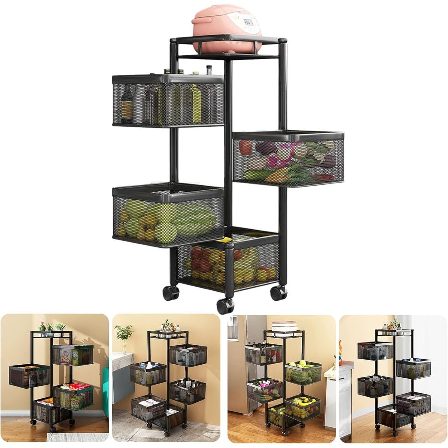 Raft metalic patrat 4 niveluri Pantry Pro, troller bucatarie, organizator bucatarie, Elastix