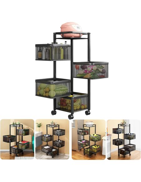 Raft metalic patrat 4 niveluri Pantry Pro, troller bucatarie, organizator bucatarie, Elastix