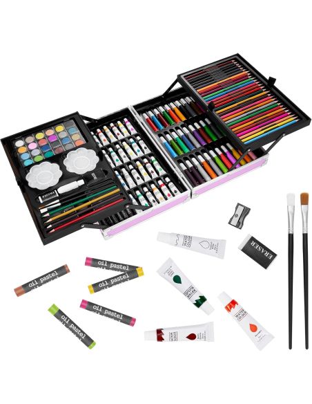 Trusa roz metalica desen 145 piese, set desen si pictura, Elastix