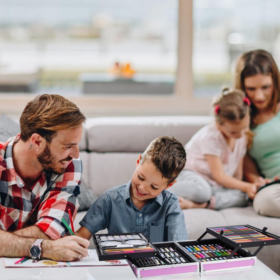 Trusa roz metalica desen 145 piese, set desen...