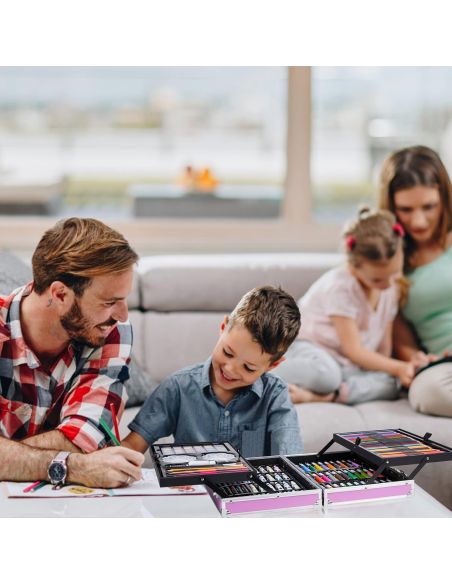 Trusa roz metalica desen 145 piese, set desen si pictura, Elastix