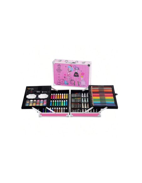 Trusa roz metalica desen 145 piese, set desen si pictura, Elastix