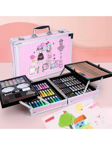 Trusa roz metalica desen 145 piese, set desen si pictura, Elastix