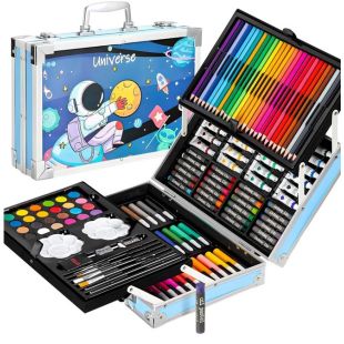 Trusa albastra metalica desen 145 piese, set desen si...