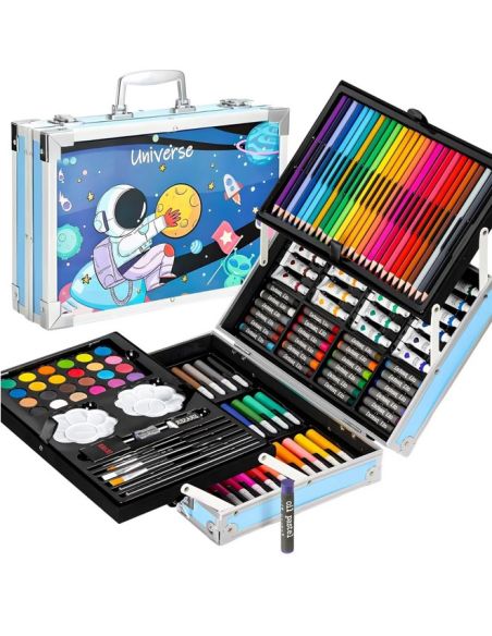 Trusa albastra metalica desen 145 piese, set desen si pictura, Elastix