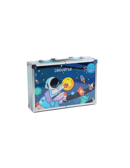 Trusa albastra metalica desen 145 piese, set desen si pictura, Elastix