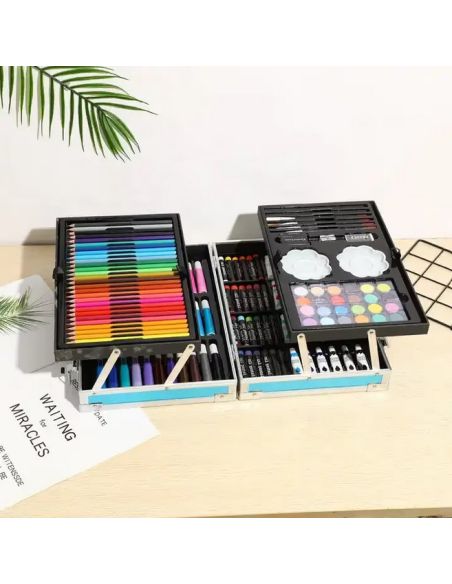 Trusa albastra metalica desen 145 piese, set desen si pictura, Elastix