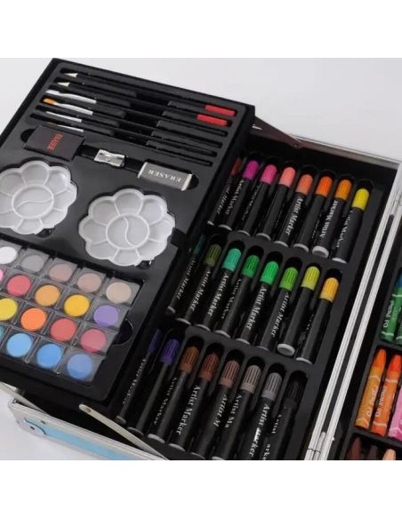 Trusa albastra metalica desen 145 piese, set desen si pictura, Elastix