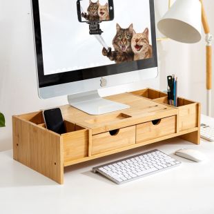 Stand monitor din bambus cu sertare ajustabile, suport monitor, suport laptop culoare light bamboo