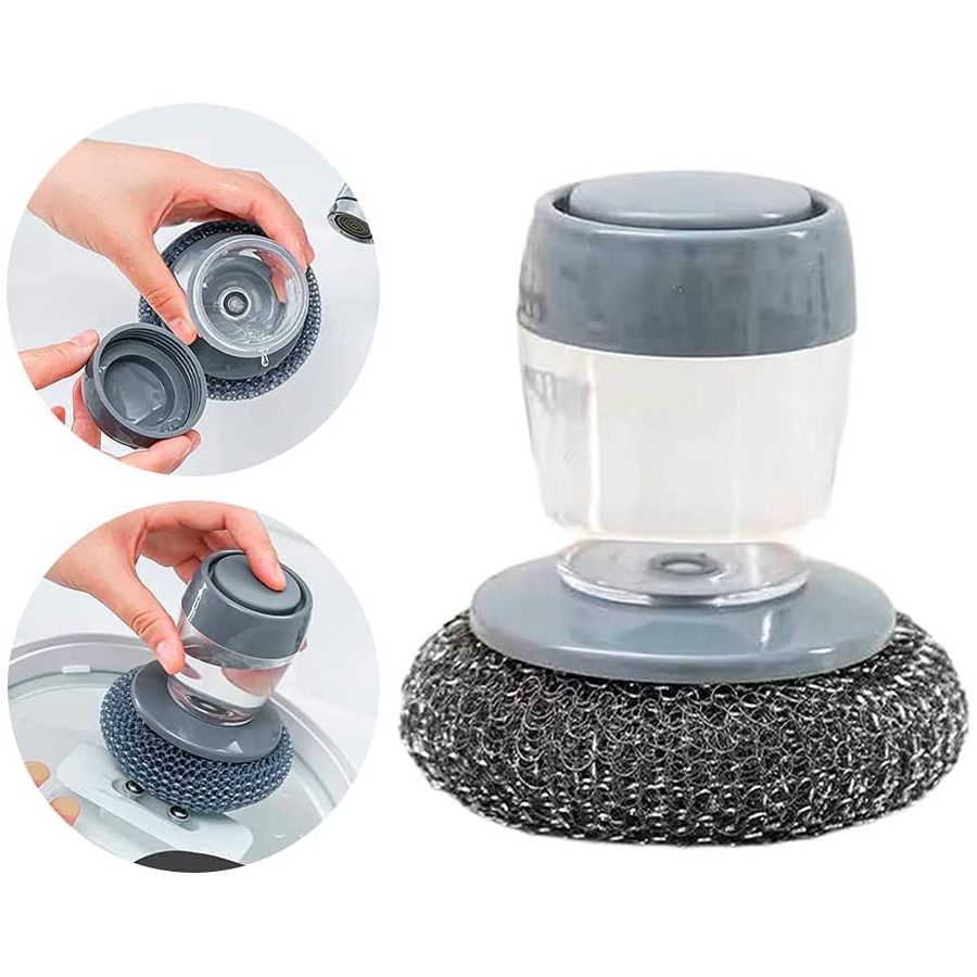 Dispozitiv  cu burete din otel inoxidabil si dispenser pentru deternet vase