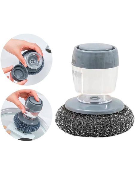 Dispozitiv  cu burete din otel inoxidabil si dispenser pentru deternet vase