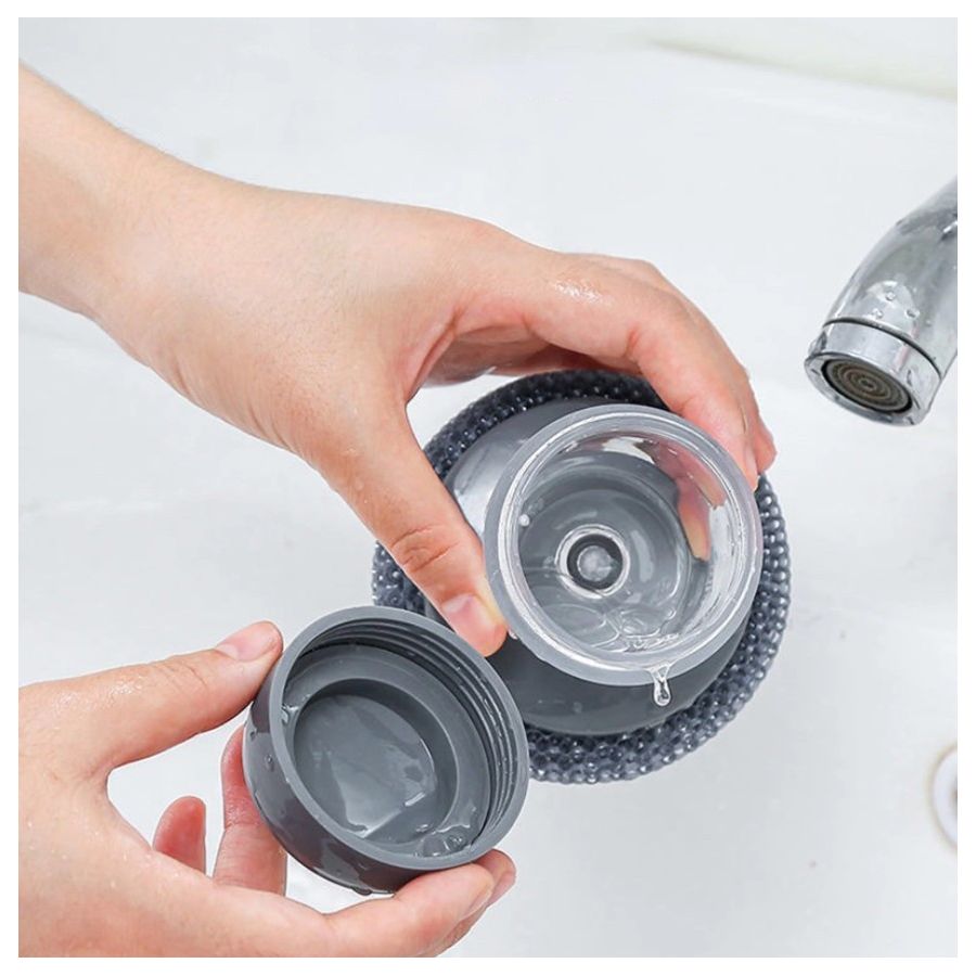 Dispozitiv  cu burete din otel inoxidabil si dispenser pentru deternet vase