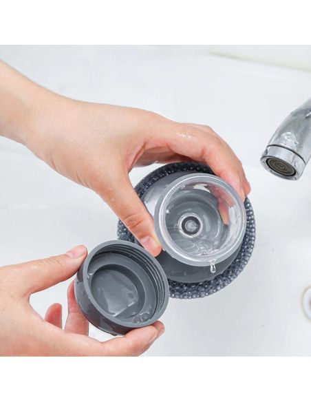 Dispozitiv  cu burete din otel inoxidabil si dispenser pentru deternet vase