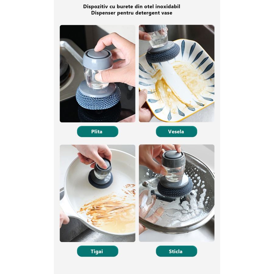 Dispozitiv  cu burete din otel inoxidabil si dispenser pentru deternet vase