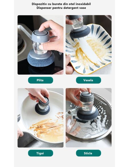 Dispozitiv  cu burete din otel inoxidabil si dispenser pentru deternet vase