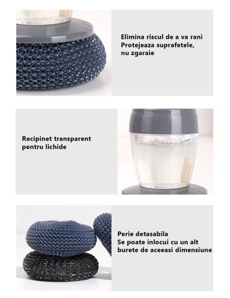 Dispozitiv  cu burete din otel inoxidabil si dispenser pentru deternet vase