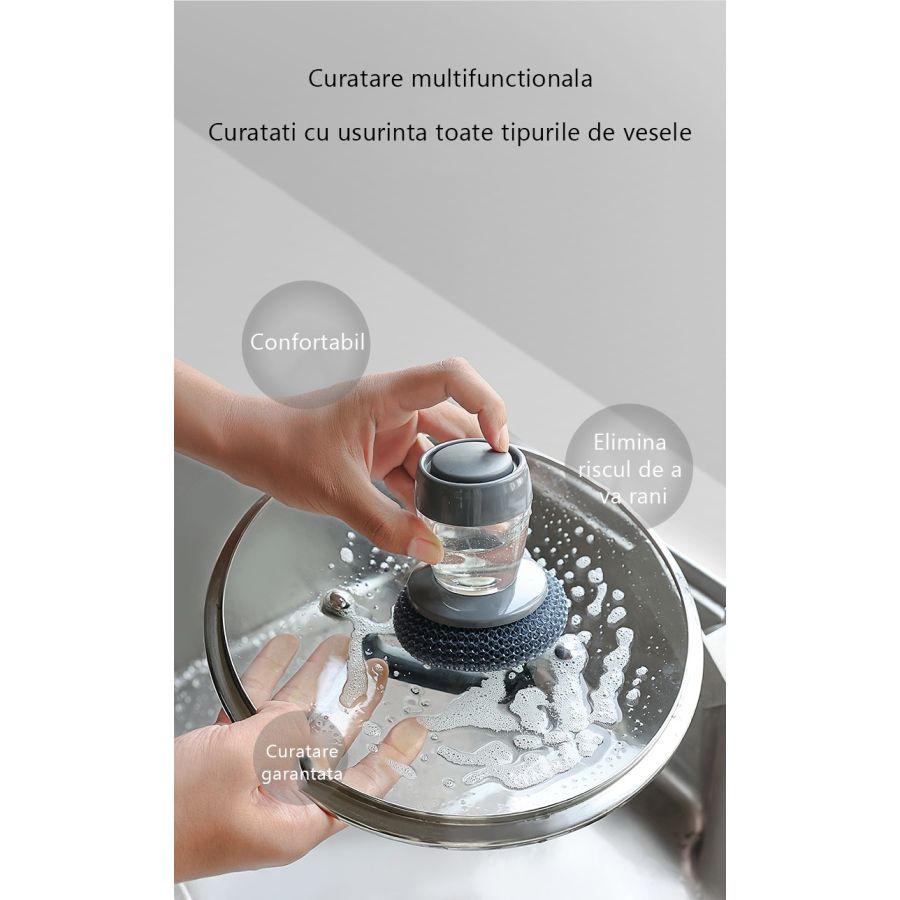 Dispozitiv  cu burete din otel inoxidabil si dispenser pentru deternet vase