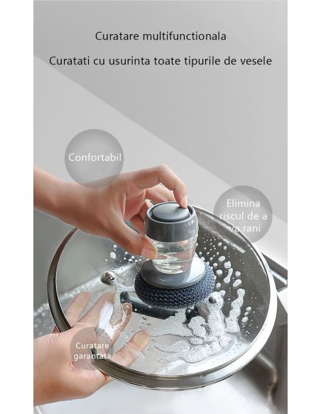Dispozitiv  cu burete din otel inoxidabil si dispenser pentru deternet vase