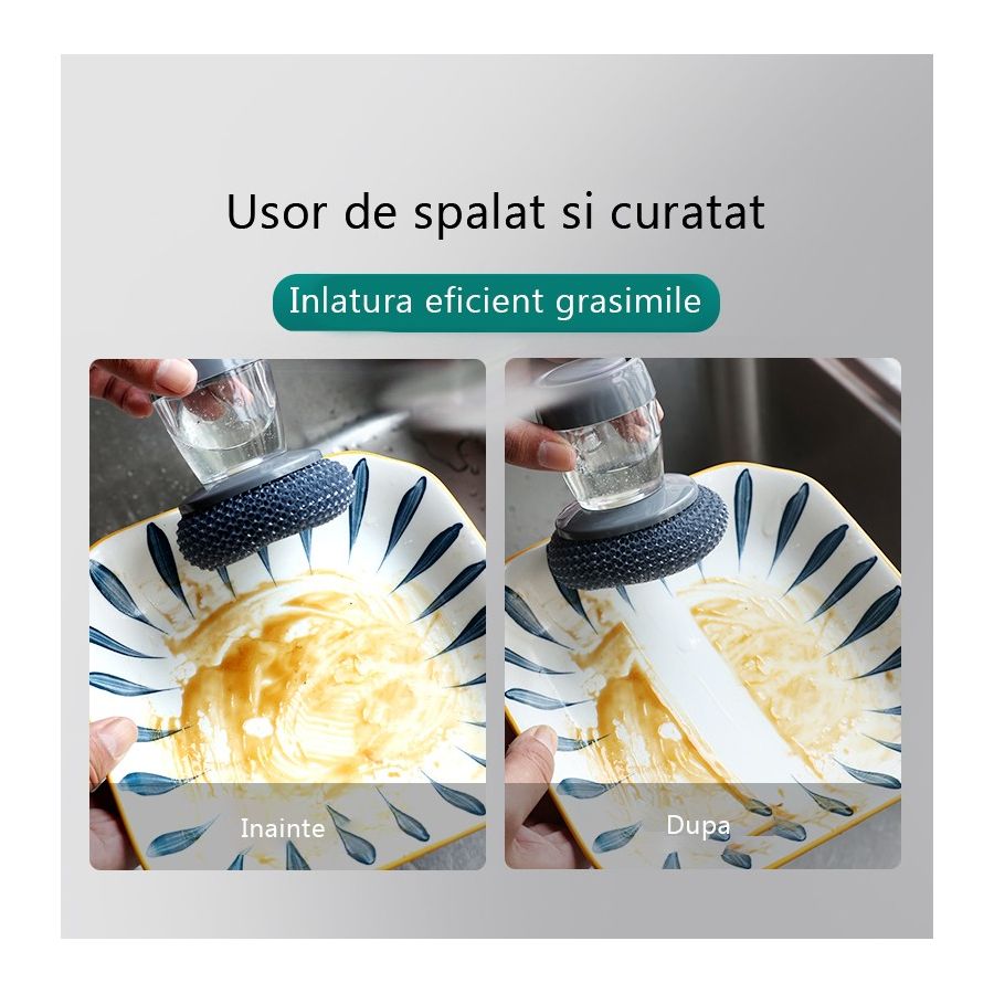 Dispozitiv  cu burete din otel inoxidabil si dispenser pentru deternet vase