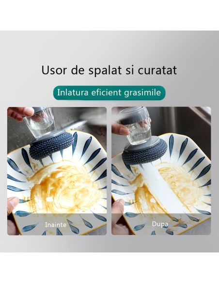 Dispozitiv  cu burete din otel inoxidabil si dispenser pentru deternet vase