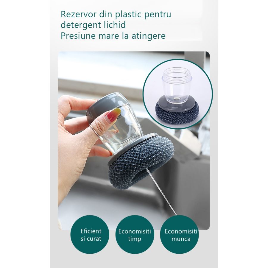 Dispozitiv  cu burete din otel inoxidabil si dispenser pentru deternet vase