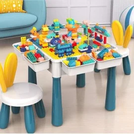 Masa tip lego pentru copii + 1 scaunel + 186 cuburi si 4 cutii depozitare, masa lego ajustabila, masuta activitati