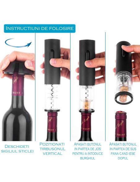 Tirbuson electric cu incarcare USB, deschizator electric pentru sticle, Elastix