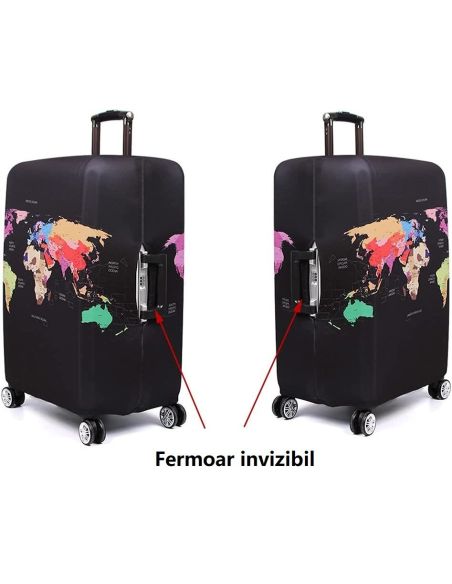 Husa bagaj marimea XL, husa troler, culoare negru cu imprimeu, Elastix