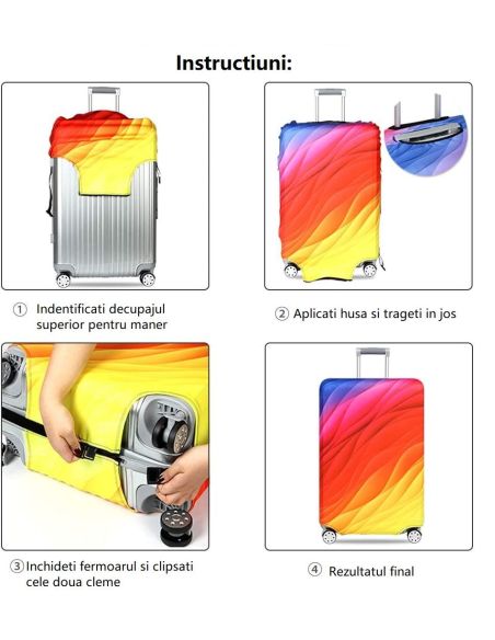 Husa bagaj marimea M, husa troler, culoare bleumarin cu imprimeu, Elastix