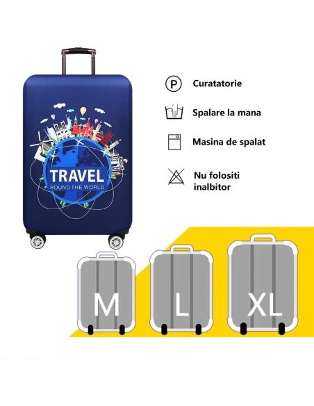 Husa bagaj marimea M, husa troler, culoare bleumarin cu imprimeu, Elastix