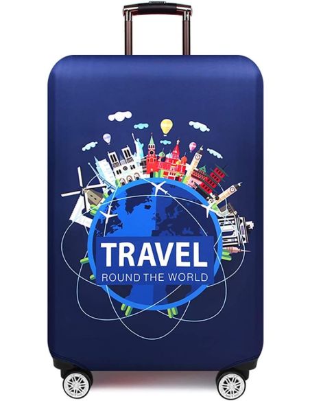 Husa bagaj marimea L, husa troler, culoare bleumarin cu imprimeu, Elastix