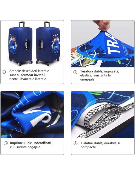 Husa bagaj marimea L, husa troler, culoare bleumarin cu imprimeu, Elastix