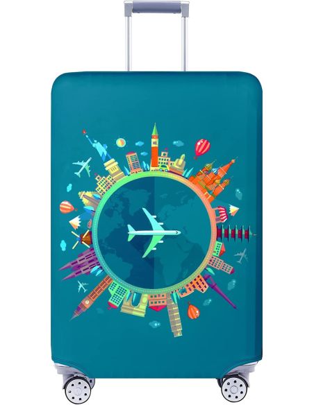 Husa bagaj marimea L, husa troler, culoare turcoaz cu imprimeu, Elastix