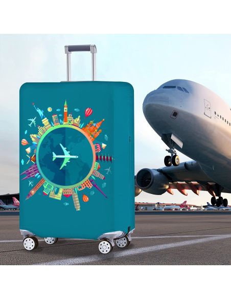 Husa bagaj marimea L, husa troler, culoare turcoaz cu imprimeu, Elastix