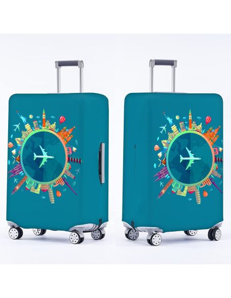 Husa bagaj marimea L, husa troler, culoare turcoaz cu imprimeu, Elastix