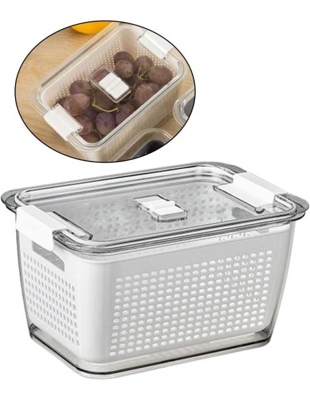 Recipient cu capac si strecuratoare pentru frigider, cutie depozitare alimente, organizare frigider, Elastix