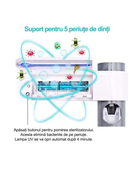 Suport si dozator pentru periute de dinti, sterilizator periuta de dinti, organizator baie, Elastix