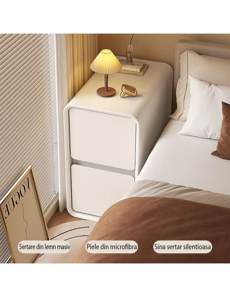 Noptiera lemn masiv si piele, noptiera alba, Elastix