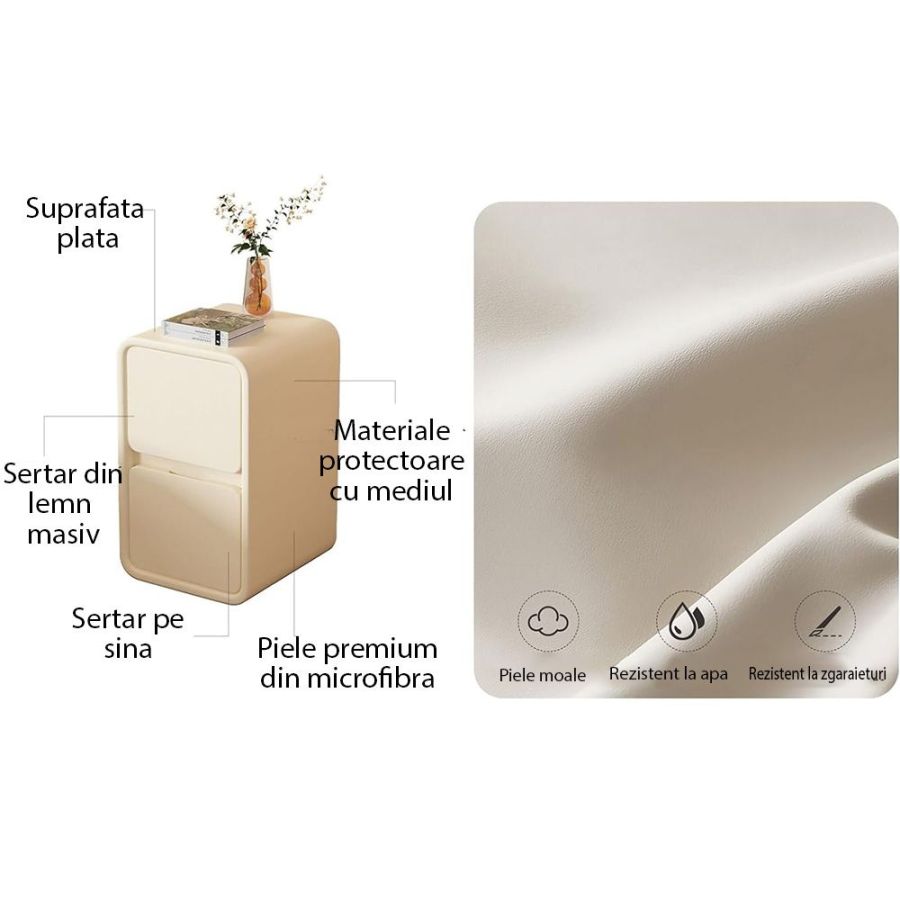 Noptiera lemn masiv si piele, noptiera alba,...