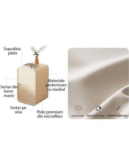 Noptiera lemn masiv si piele, noptiera alba, Elastix