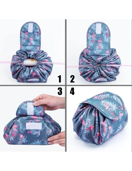 Geanta cosmetice model flamingo, geanta make-up 2 in 1, portfard, saculet cosmetice, Elastix