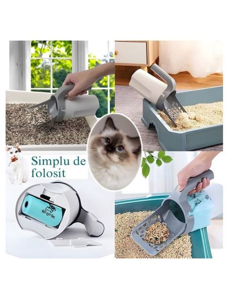 Lopatica cu saculeti pentru litiera, lopatica cu recipient, lopatica litiera, curatator litiere, Elastix