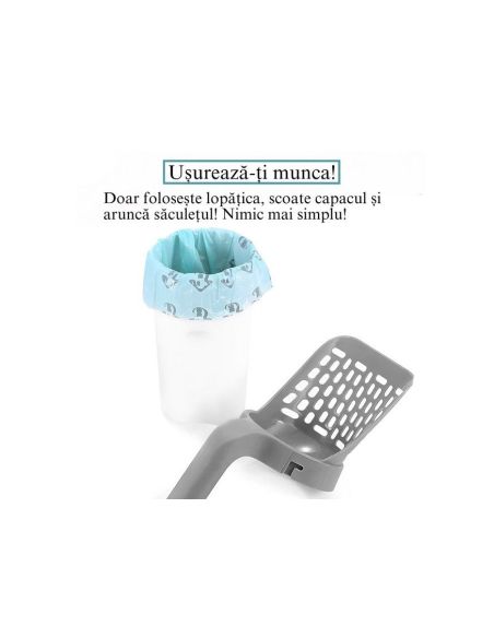 Lopatica cu saculeti pentru litiera, lopatica cu recipient, lopatica litiera, curatator litiere, Elastix