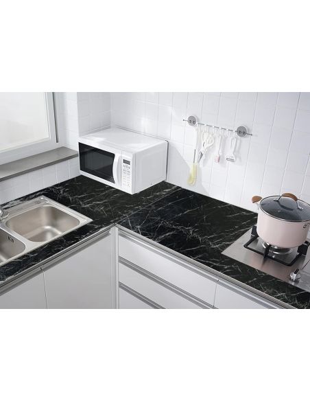 Autocolant blat bucatarie model marmura neagra, autocolant mobila, autocolant autoadeziv, folie mobila Elastix