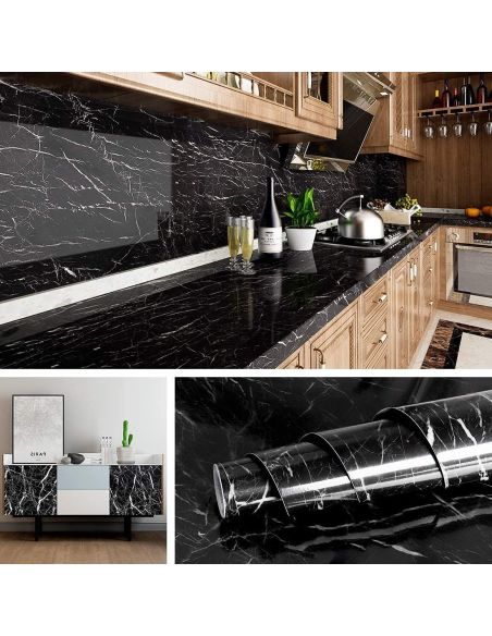 Autocolant blat bucatarie model marmura neagra, autocolant mobila, autocolant autoadeziv, folie mobila Elastix