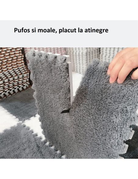 Set 20 bucati mocheta 30 x 30 cm, covor pufos gri tip puzzle, placi covor, placi mocheta Elastix