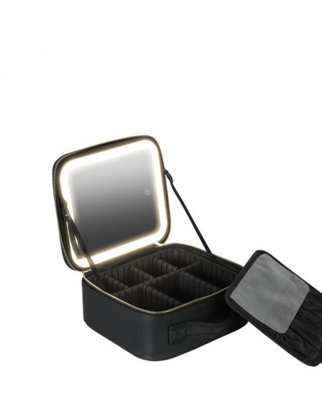 Geanta make-up cu oglinda si lumina LED, geanta alb/negru cosmetice, Elastix