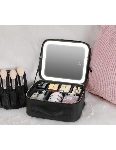 Geanta make-up cu oglinda si lumina LED, geanta alb/negru cosmetice, Elastix